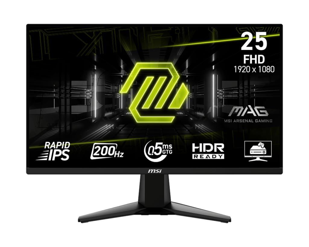 MSI mag 255F E20 25 Pulgadas 1920 x 1080 (FHD), Monitor para Juegos, 200Hz, sincronización adaptativa, HDMI, DisplayPort, Montaje VESA, inclinación, Altura Ajustable, Altavoz, 0,5 ms, Negro