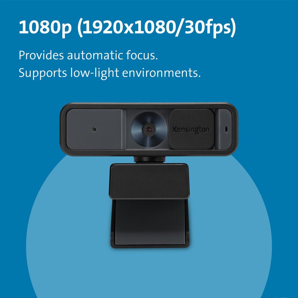 Webcam Full HD 1080P Kensington Auto Focus con Micrófono para Videoconferencias, Software Control y Privacy Shutter