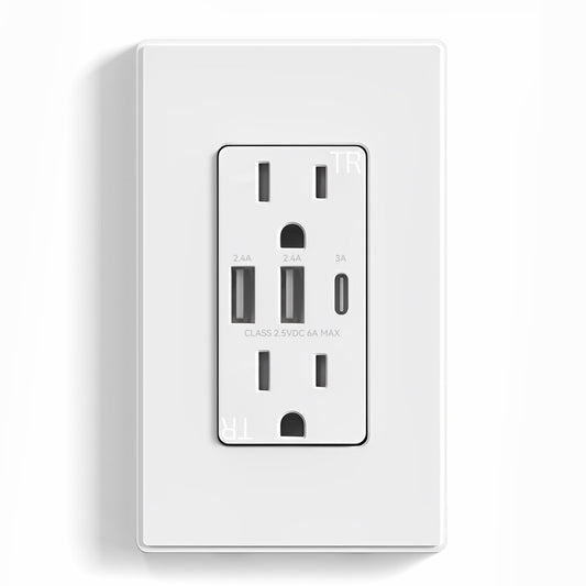 ELEGRP - Toma de pared USB C de 3 puertos, toma eléctrica de 30 W 6.0 A, resistente a manipulaciones con puertos USB C, listado UL, placa de pared sin tornillos, blanco mate