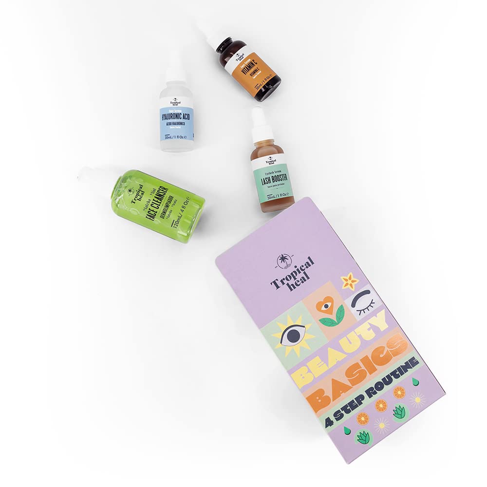 Tropical Heal - Kit Beauty Basics de Cuidado Facial en 4 Pasos - Serum Lash Booster, Ácido Hialurónico, Vitamina C y Limpiador Facial con Matcha