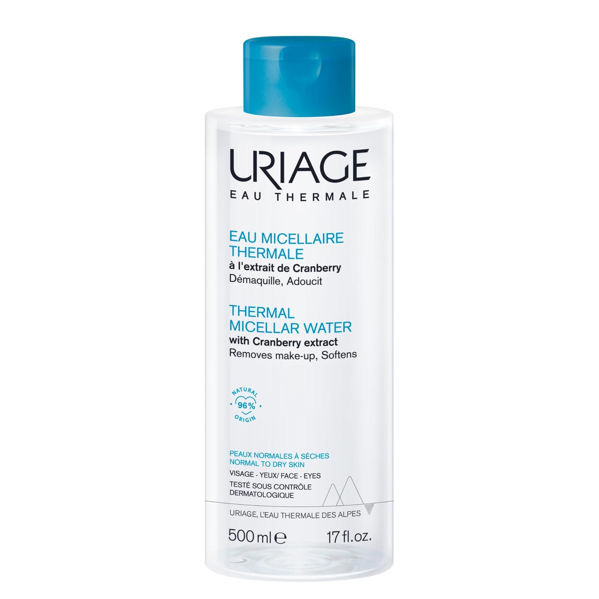 Uriage Agua Micelar termal para piel normal a seca 500ml – desmaquilla, suaviza e hidrata – con extracto de arándanos, agua termal y patente LN MODUL