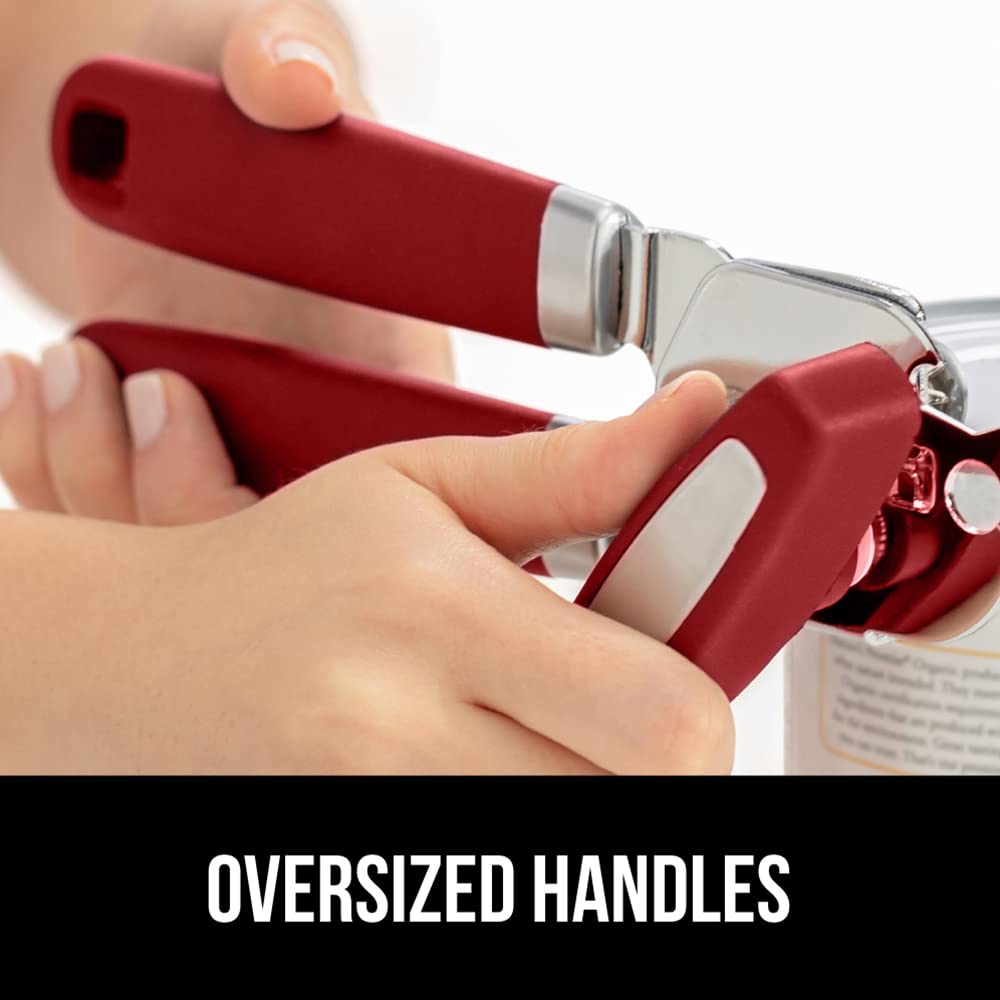 Gorilla Grip Abrelatas manual de mano de acero inoxidable resistente con borde liso con mango suave al tacto, a prueba de óxido, perilla de mano fácil giro, el mejor abridor de tapa grande para cocina, red