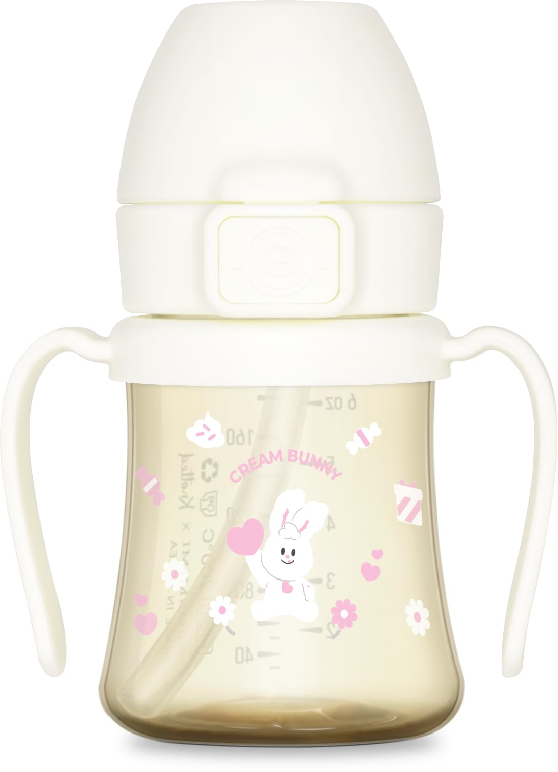 GROSMIMI x KNOTTED - Taza para beber a prueba de derrames, PPSU, sin BPA, etapa 2 pajita para niños pequeños (conejito crema 6 onzas)
