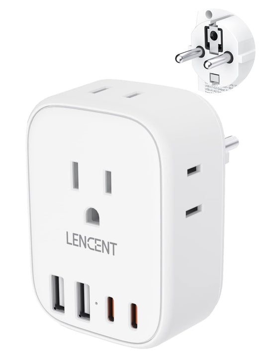 LENCENT Adaptador de Corriente de Viaje, Adaptador de Enchufe con 4 Salidas+2 USB A+2 USB Tipo-C, Tipo E/F, para EE.UU. a Alemania España Francia,etc., Aprobado para cruceros.