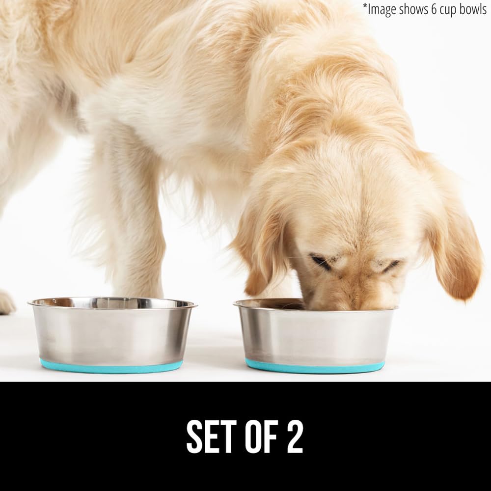 Gorilla Grip Cuencos para Perros de Acero Inoxidable de Primera Calidad, Juego de 2 Unidades, Base de Goma Que Protege los Suelos y Evita Que el Cuenco se deslice, 8 Tazas, Turquesa