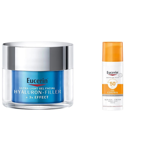 Hyaluron-Filler Ultra-Light Gel Facial Hydrating + Repair 50ml + Protector solar facial efecto mate toque seco Oil Control, 50 ml