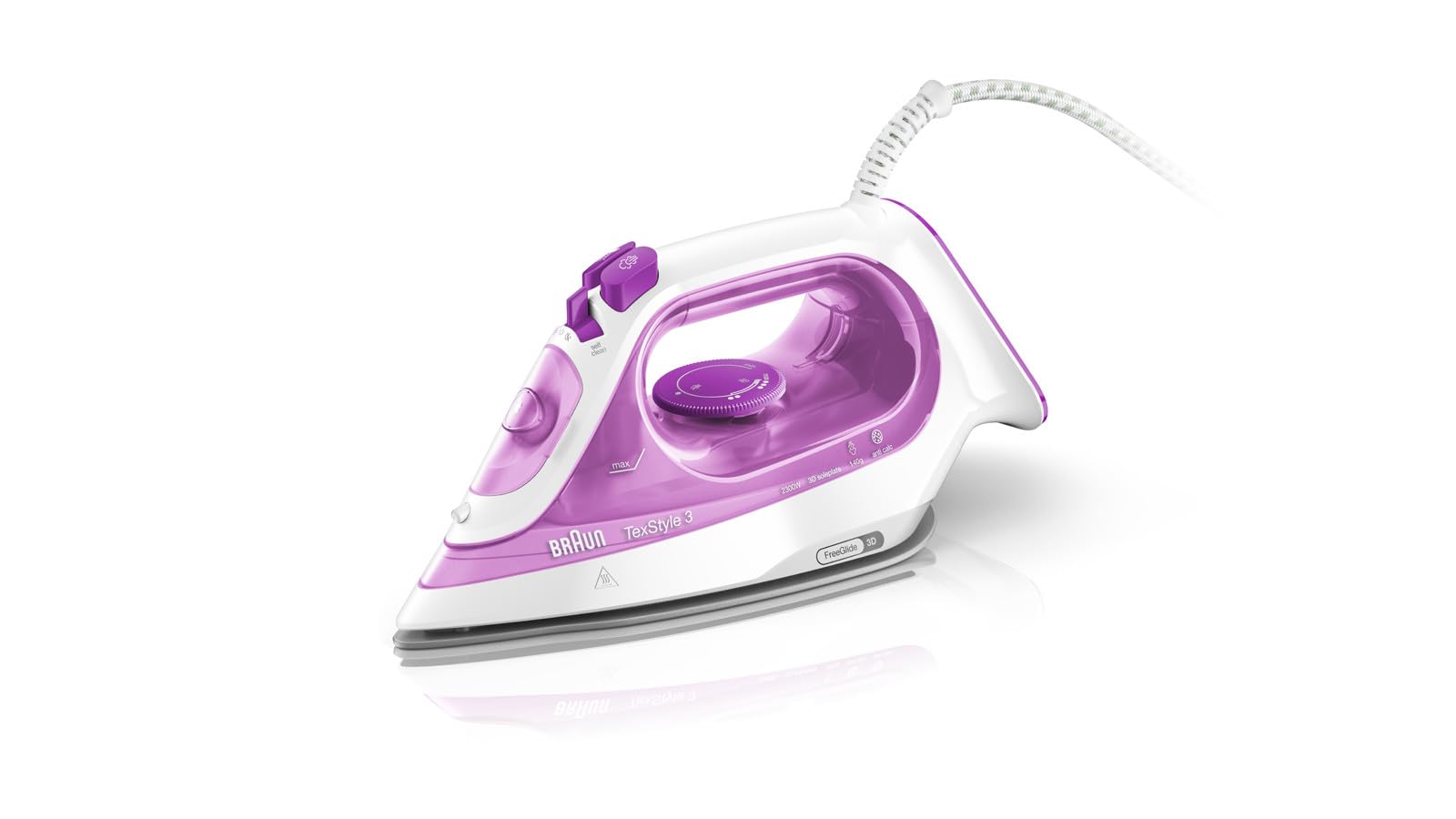 Braun TexStyle 3 SI 3030 PU - Plancha de vapor con suela FreeGlide 3D, función de autolimpieza, 2300 W, golpe de vapor 140 g/min, depósito de agua de 270 ml, color morado