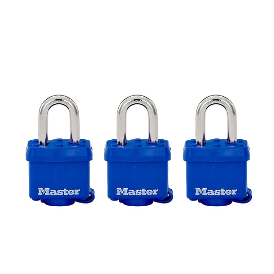 Juego de Candados Laminados Master Lock Azul con Cubierta para Intemperie 40 mm 3 Piezas