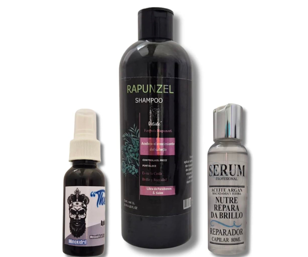 Kit Crecimiento Capilar Amaia's Rojo con Shampoo Rapunzel, Minoxidil 5% y Sérum de Argán y Macadamia