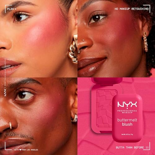 NYX Professional Makeup, Buttermelt Blush, Tono: Butta than Before (cereza). Rubor cremoso en polvo infusionado con manteca de karité, mango y almendras, hasta 12hrs de uso, no se desvanece, resistente a transferencias. Fórmula vegana.
