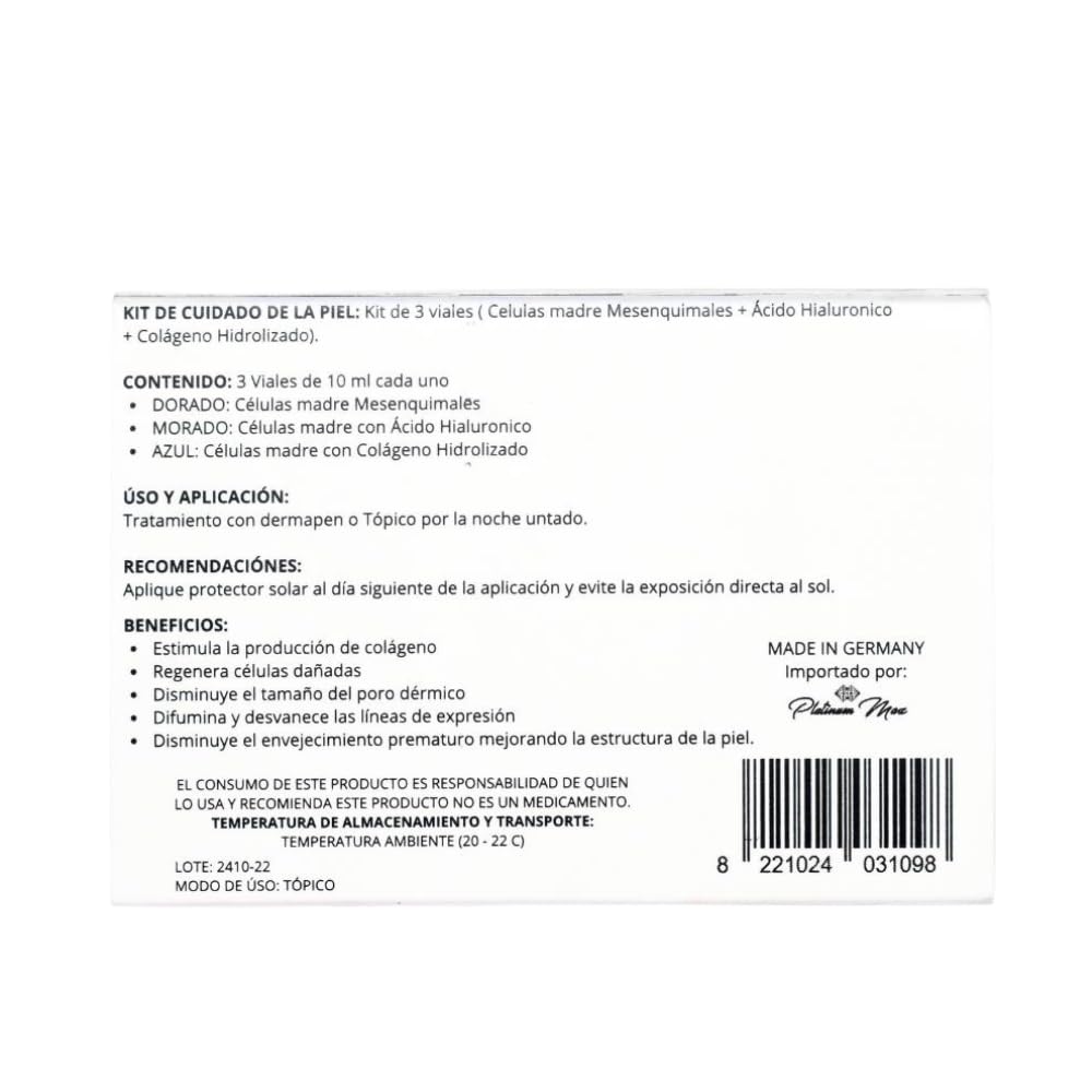 Células Madre | PLATINUMMAX (Regenera, Repara, Uniforma, Tonifica, Hidratación Profunda) 3 Viales de 10 Ml c/u