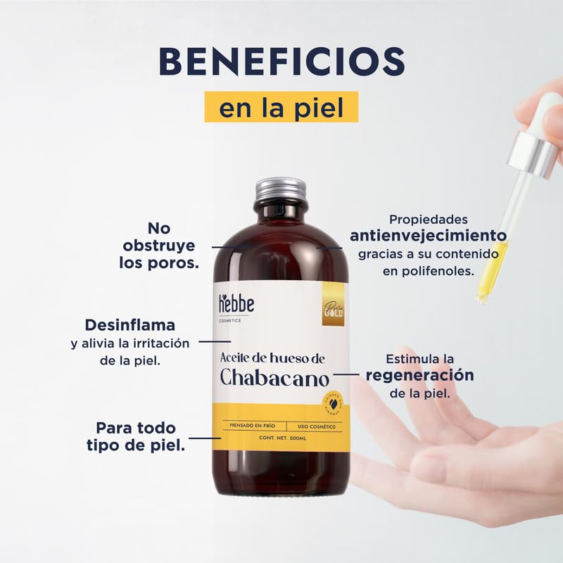 Hebbe Aceite de Chabacano 100% Puro 500 ml | Prensado en Frío | Hidratante Facial y Corporal | Antioxidante | para Piel y Cabello