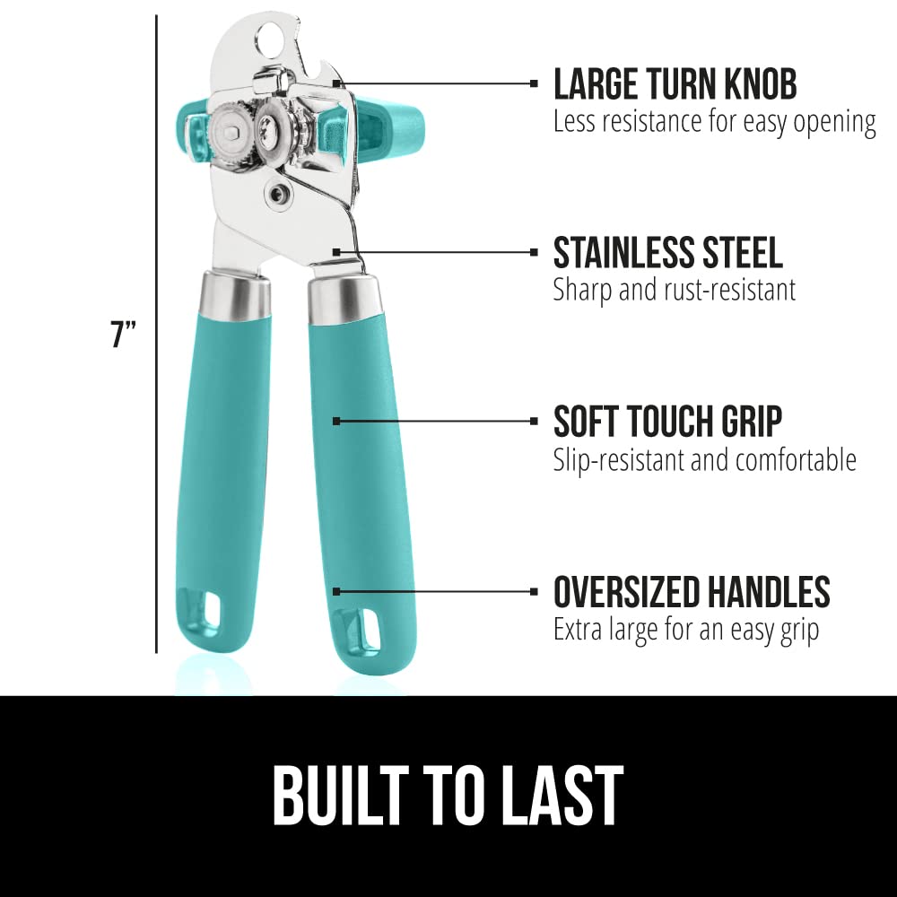Gorilla Grip Abrelatas manual de mano de acero inoxidable resistente con borde liso con mango suave al tacto, a prueba de óxido, perilla de mano fácil giro, el mejor abridor de tapa grande para cocina, turquesa