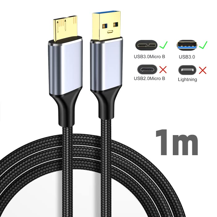 JESWO Cable Adaptador USB 3.0 a Micro B Transferencia 5Gbps, 1M Cable para Disco Duro Externo, Aleación de Aluminio Nylon Trenzado, Compatible con Galaxy S5, Note 3, Note Pro 12.2, Tab Pro 12.2 y Nokia Lumia 2520 Tablet