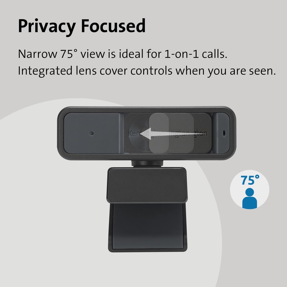Webcam Full HD 1080P Kensington Auto Focus con Micrófono para Videoconferencias, Software Control y Privacy Shutter