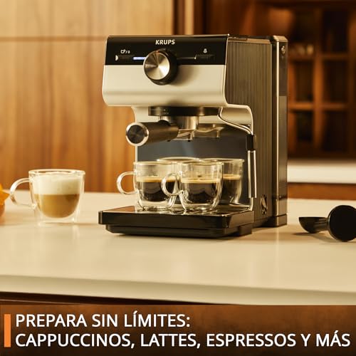 Krups Cafetera Espresso Manual Authentic+ | 15 Bares de Presión | Sistema Thermoblock | Espumador de Leche | Filtros de Acero Inoxidable | Tanque de 1.5L | XP384EU0