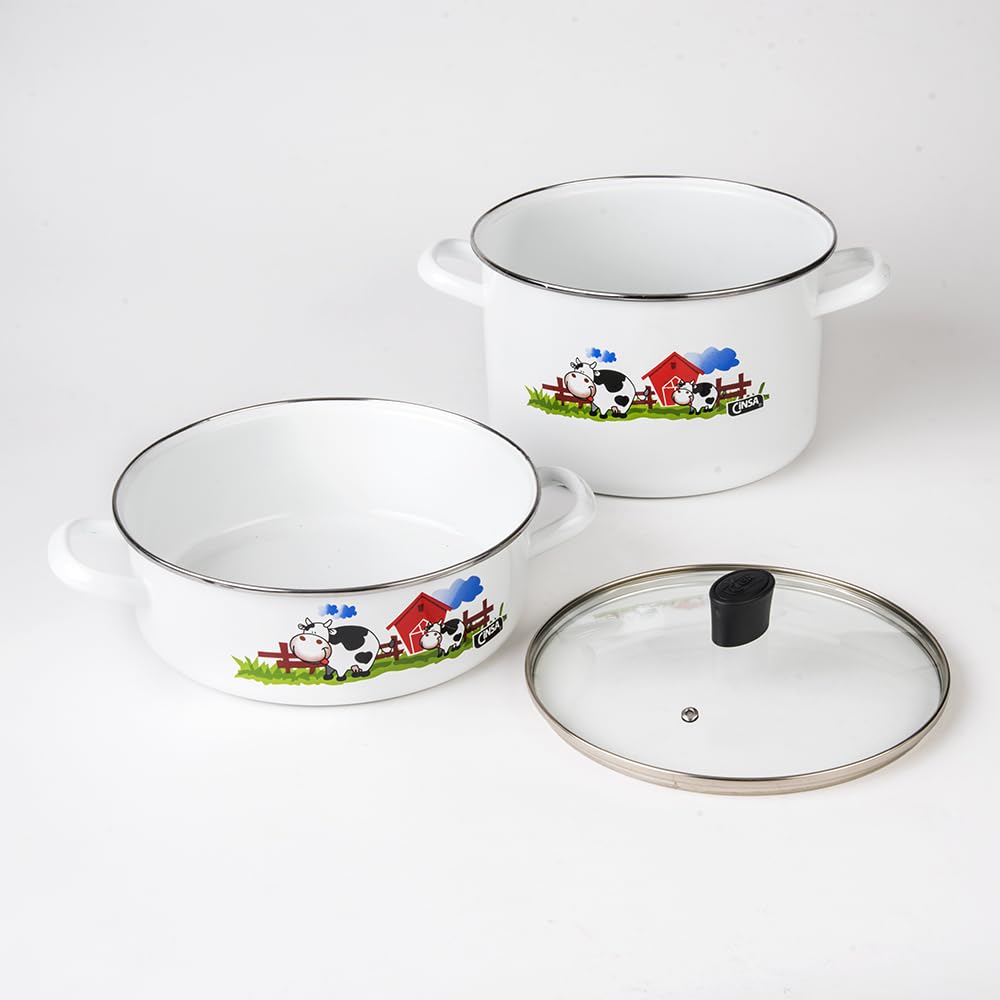 Cinsa Bateria de cocina Terranova Vaquitas en el corral, 9 piezas, Acero Vitrificado Novacero, Blanco con decorado de vacas