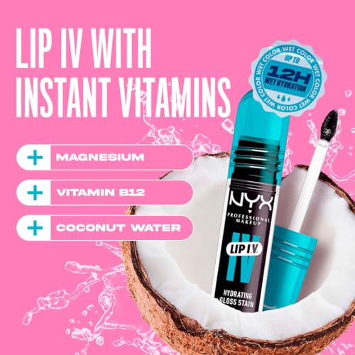 NYX Professional Makeup, LIP IV Gloss Serum Hidratante, Tono: Grape Gushin. Tinta de Labios hidratante con alto pigmento infusionado con agua de coco y magnesio. Fórmula vegana.