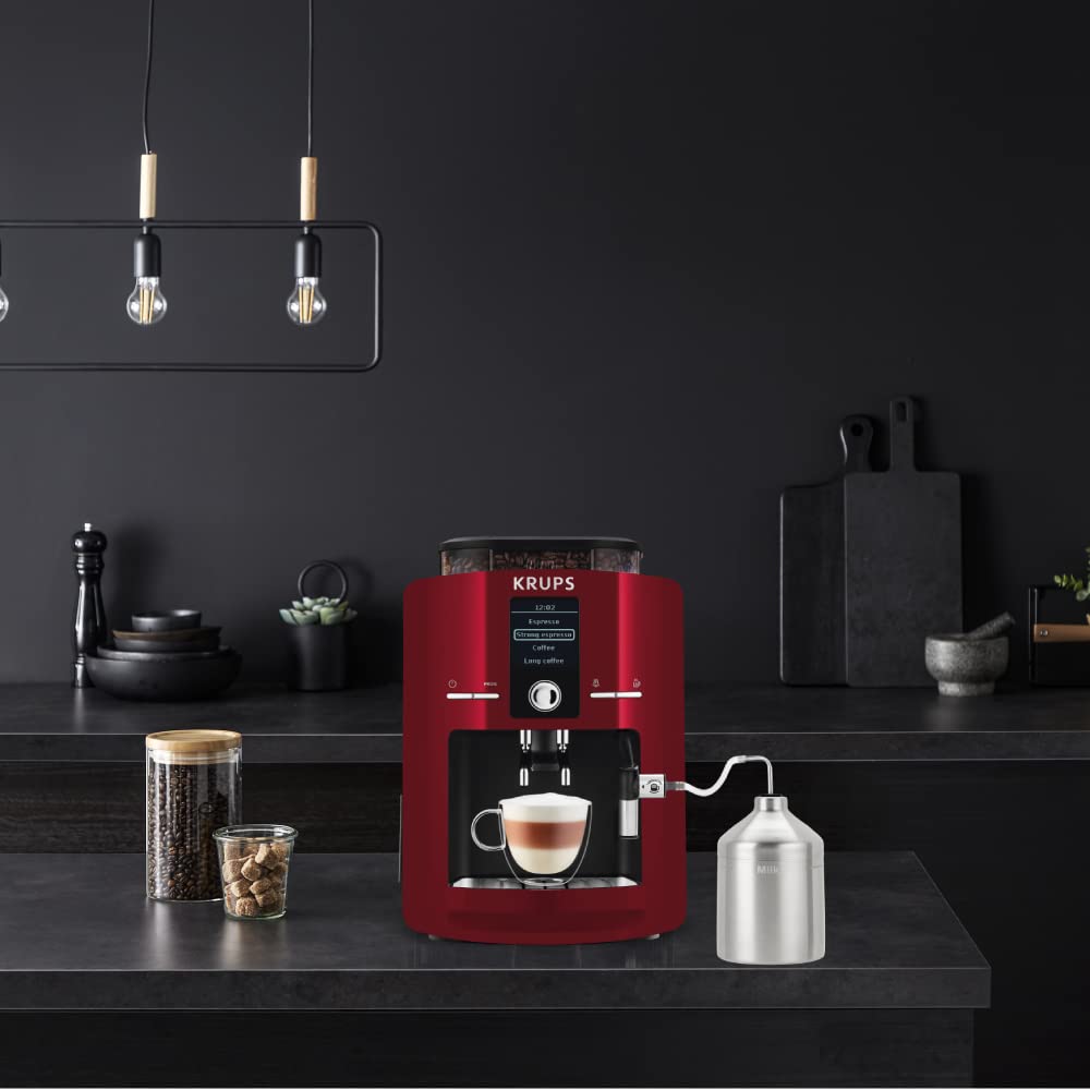 KRUPS Espresseria automática roja, es como un barista en casa gracias a su sistema Quattro Force, 1450 W, con molino integrado de 3 niveles. Capacidad 1.8 L, EA825511