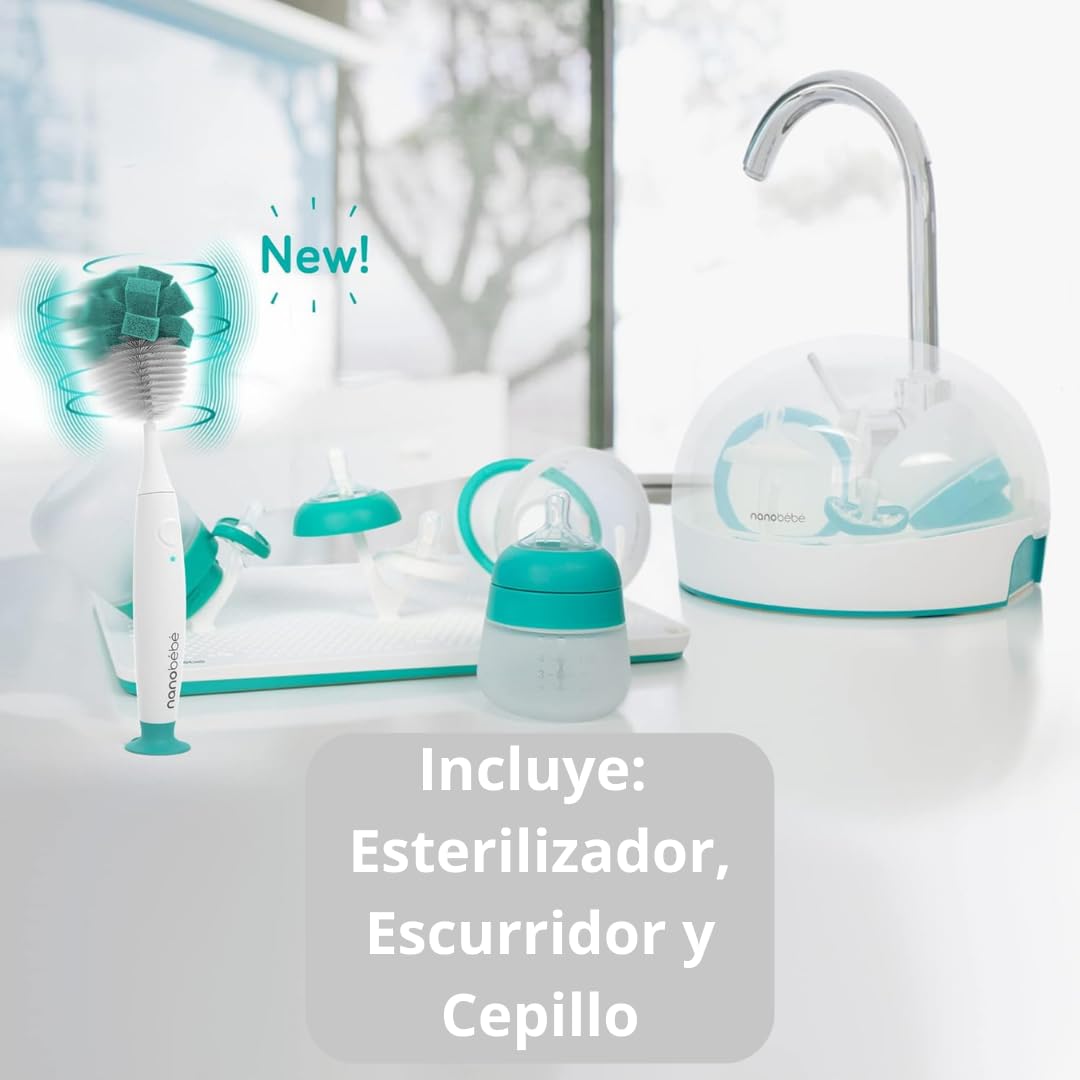 Nanobébé Set Definitivo de Alimentación para Recién Nacido, Verde Sage, 19 Piezas con Biberones Anticólicos, Esterilizador, Chupetes y Accesorios de Limpieza