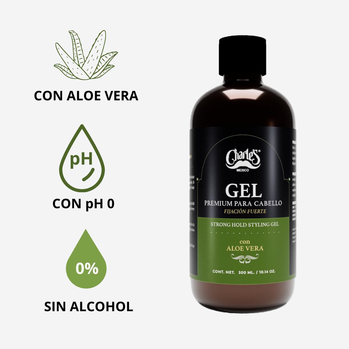 Charle’s – Gel Para Cabello Premium 300mL – Fijación Fuerte – Con Aloe Vera – Sin alcohol - No deja residuos – Acabado natural – Fácil distribución.