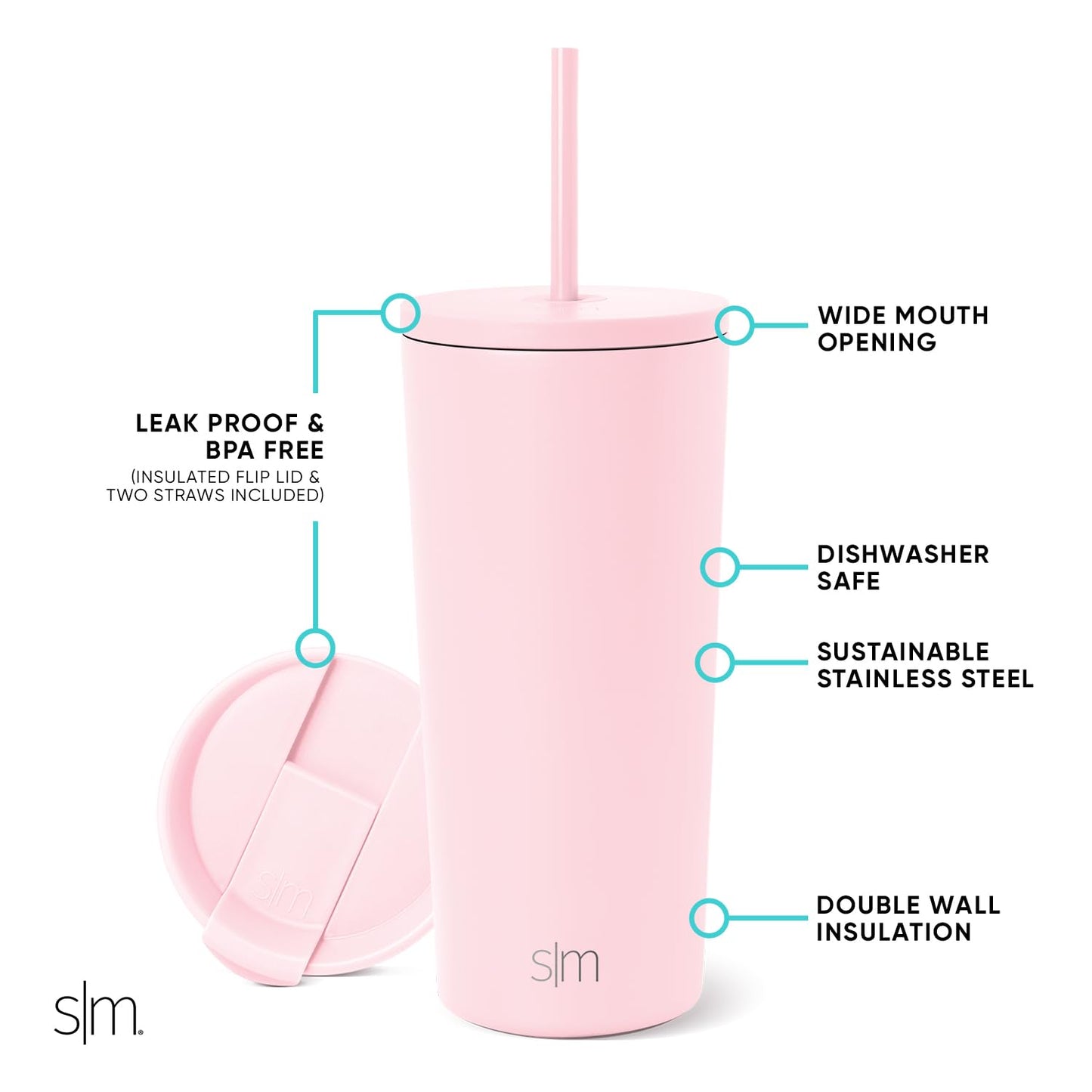 Vaso Aislado Simple Modern Blush con Tapa y Pajita para Mujeres y Hombres
