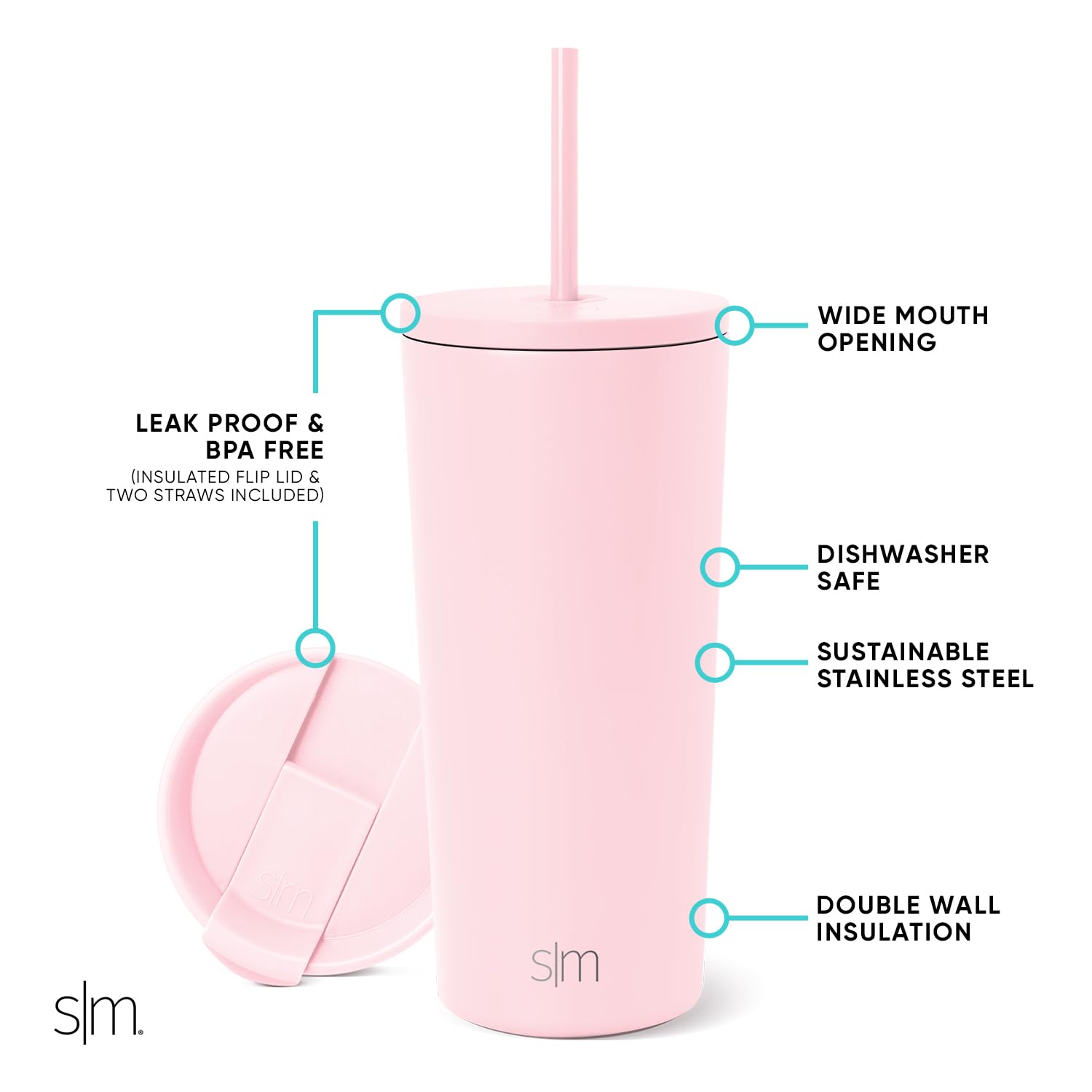 Vaso Aislado Simple Modern Blush con Tapa y Pajita para Mujeres y Hombres