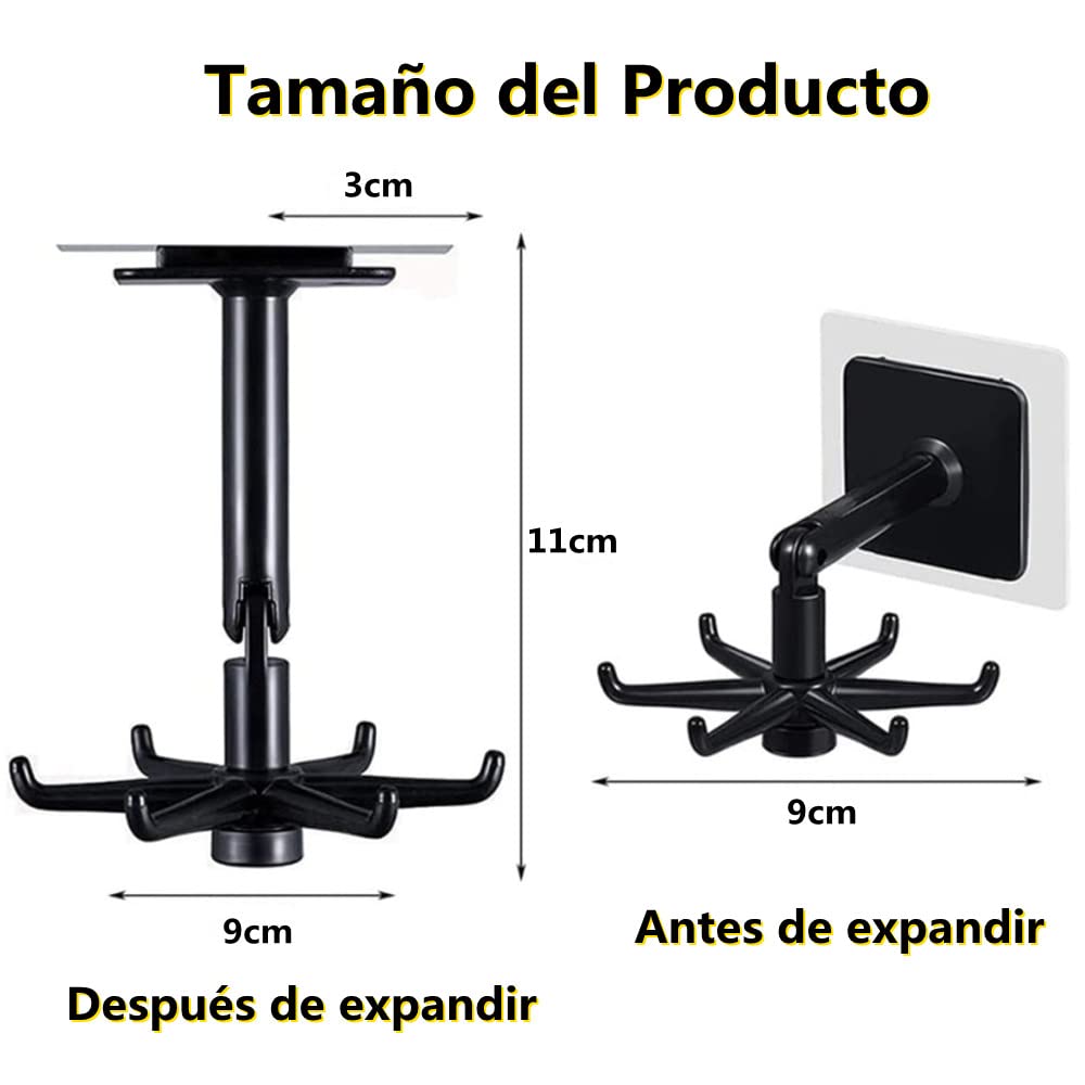 Gancho Plegable Giratorio de 360 Grados,Gancho Giratorio de Cocina de 4 Piezas,Gancho Multiusos para Colgar Utensilios,Gancho Autoadhesivo con 6 Ganchos,Gancho Vertical de 180 Grados (Negro)
