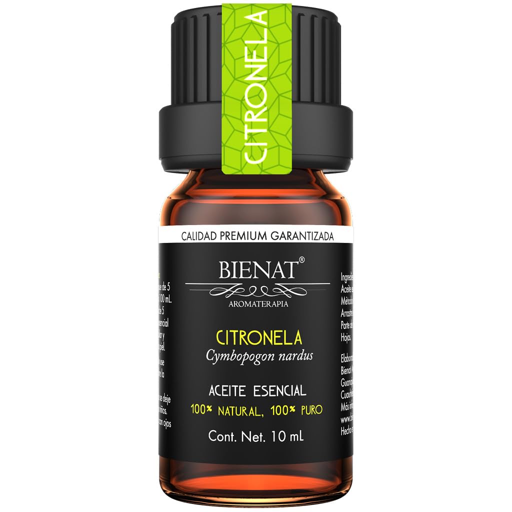BIENAT AROMATERAPIA Aceite Esencial de Citronela 10mL | 100% Puro y Concentrado | Ideal para Difusor de Aromas, Humidificador, Aromaterapia, Masajes, Meditación, Jabones y Velas | Esencia Natural en Gotas