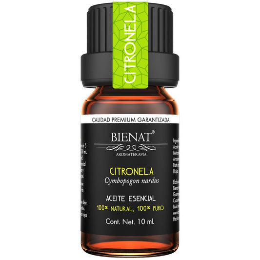 BIENAT AROMATERAPIA Aceite Esencial de Citronela 10mL | 100% Puro y Concentrado | Ideal para Difusor de Aromas, Humidificador, Aromaterapia, Masajes, Meditación, Jabones y Velas | Esencia Natural en Gotas