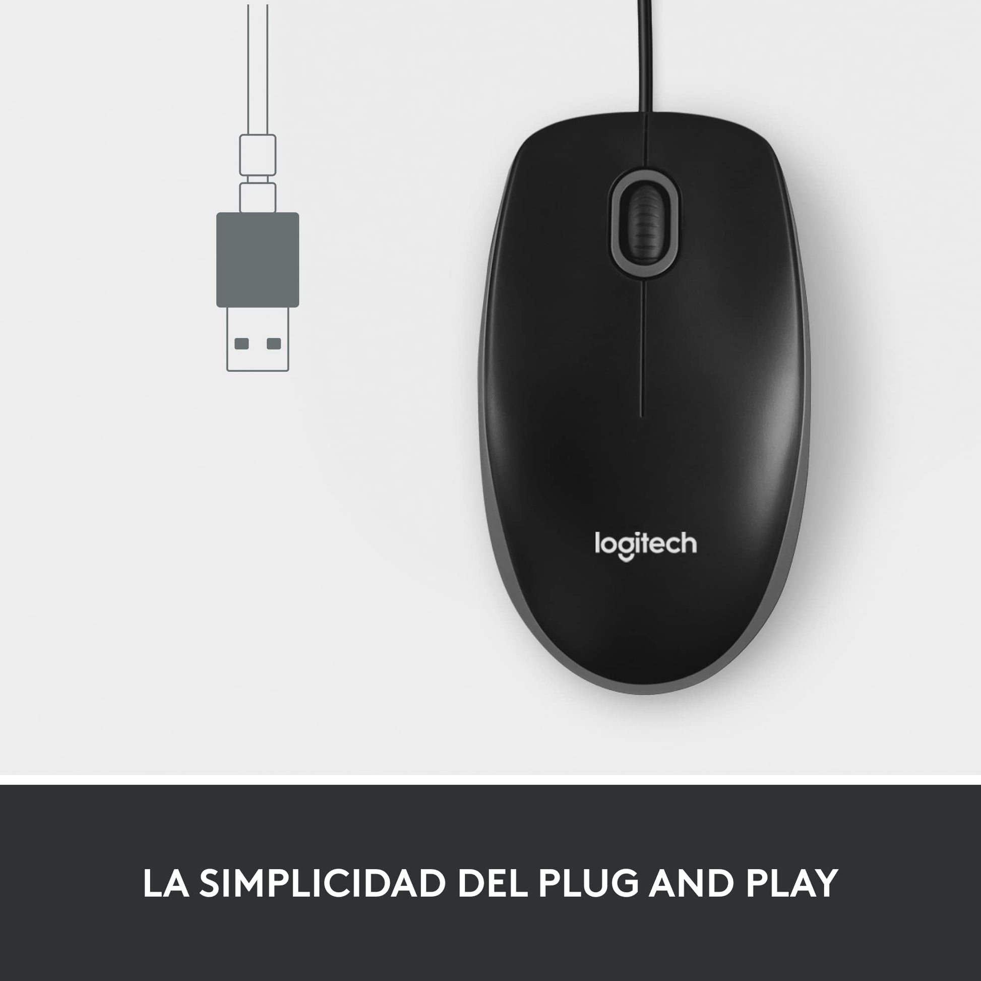 Logitech M100 Mouse con Cable USB, 3 Botones, Seguimiento Óptico, 1000 DPI, Ambidiestro, Compatible con PC, Mac, Laptop - Negro