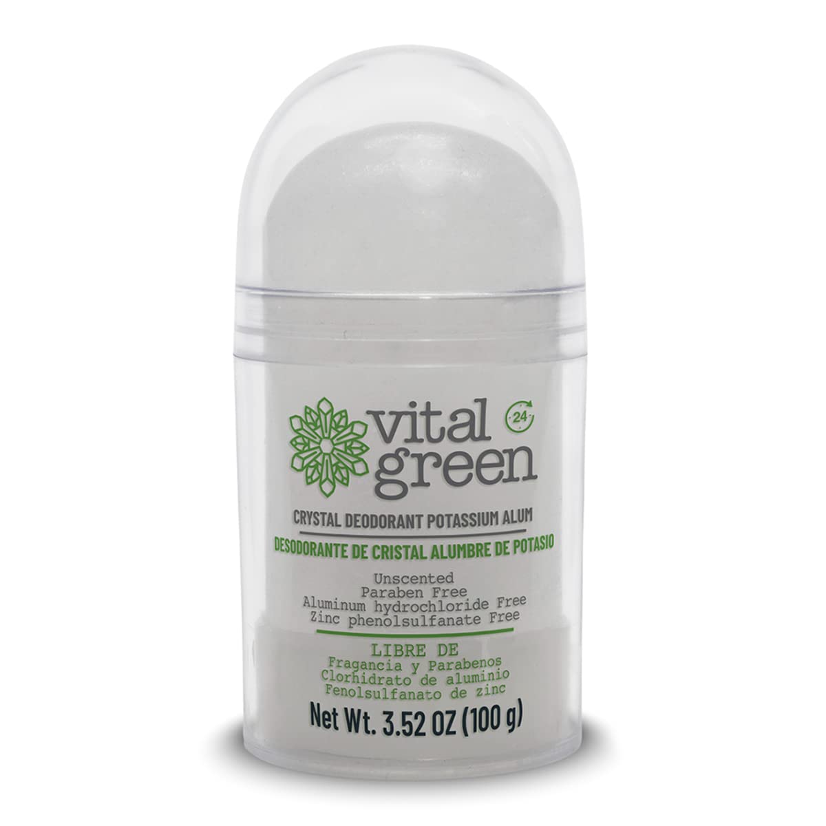 Vital Green - Desodorante Natural de Piedra Cristal de Alumbre de Potasio, Sin Parabenos y Sin Alcohol. Elimina El Olor y No Mancha, Presentación 100 g - 3.5 oz (1 Unidad)