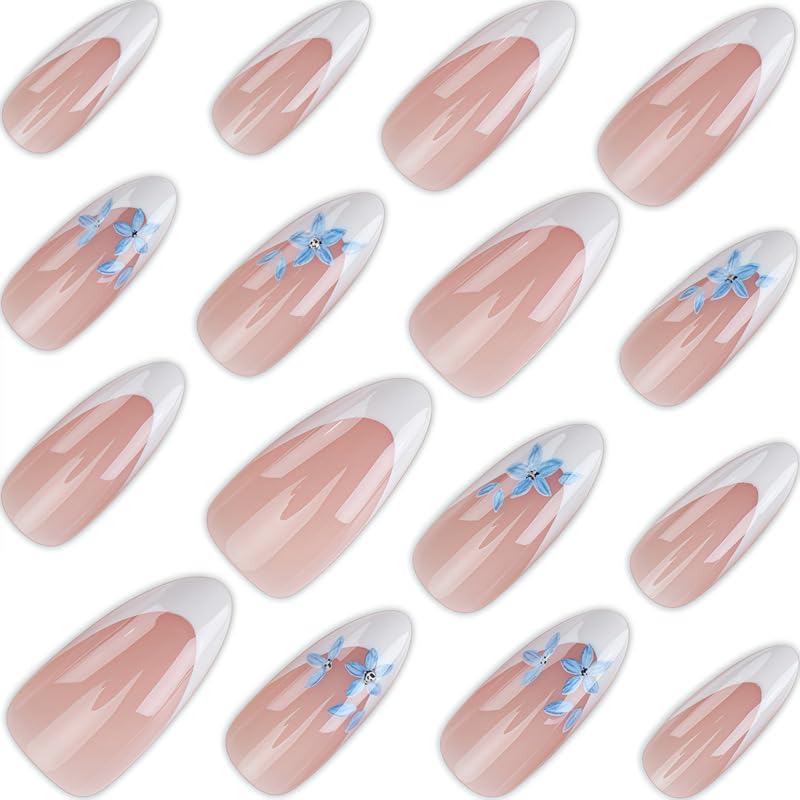 Uñas Postizas de Cortas Largas de Francesa, Adhesivas Uñas Press on Nails de Cobertura Completa, Uñas Falsas Decoradas Acrílico Natural para Mujeres y Niñas (J, 1ml)