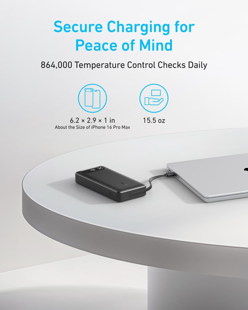 Cargador Portátil Anker 20000mAh Negro con Cable USB-C Integrado y Carga Rápida de 87W MAX