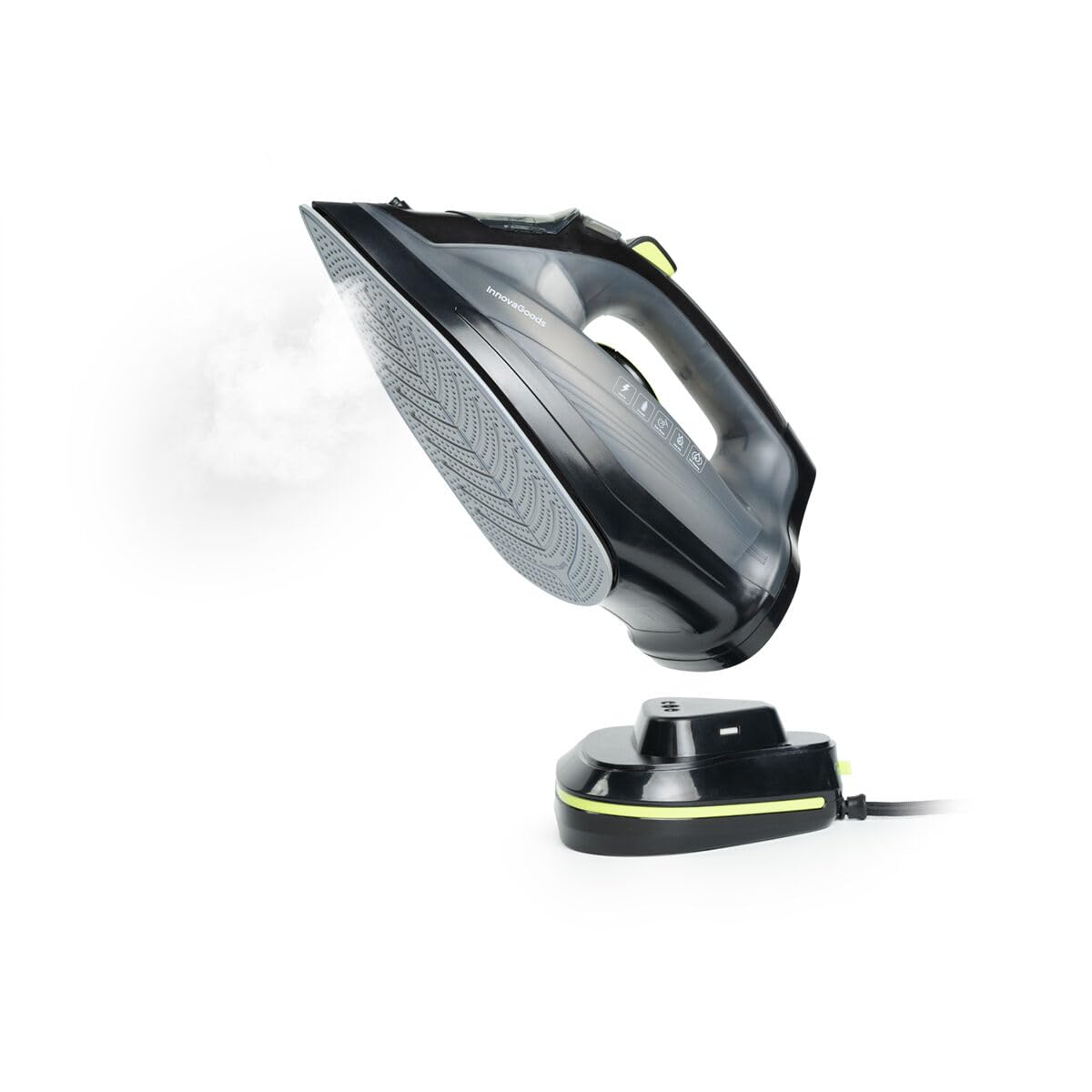 InnovaGoods - Plancha ropa, Plancha vapor 2400W, doble orientación Horizontal/vertical 320ml, Plancha vertical vapor sin cables, incluye base de carga, centro de planchado para todo tipo de tejidos.