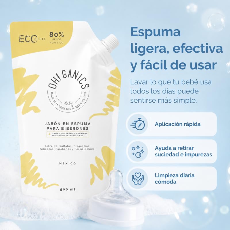 OH! GANICS Jabón en Espuma Refill para la Limpieza de los Biberones de Bebé Sin Fragancia 500 ml