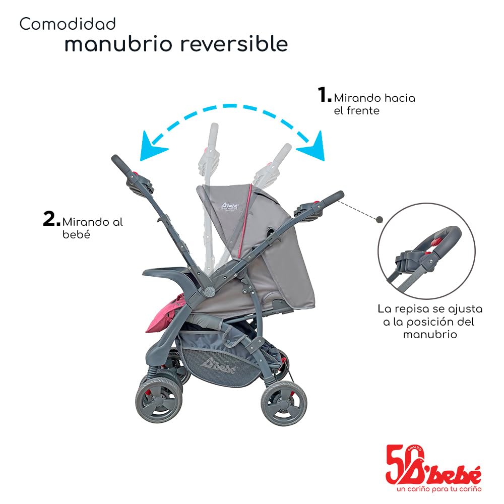 D´BEBÉ - Carriola Travel System Aventura - Carriola Multifuncional de Manubrio Reversible - Ideal para Bebés Recién Nacidos y hasta los 4 años - Incluye Portabebé - Color Rosa