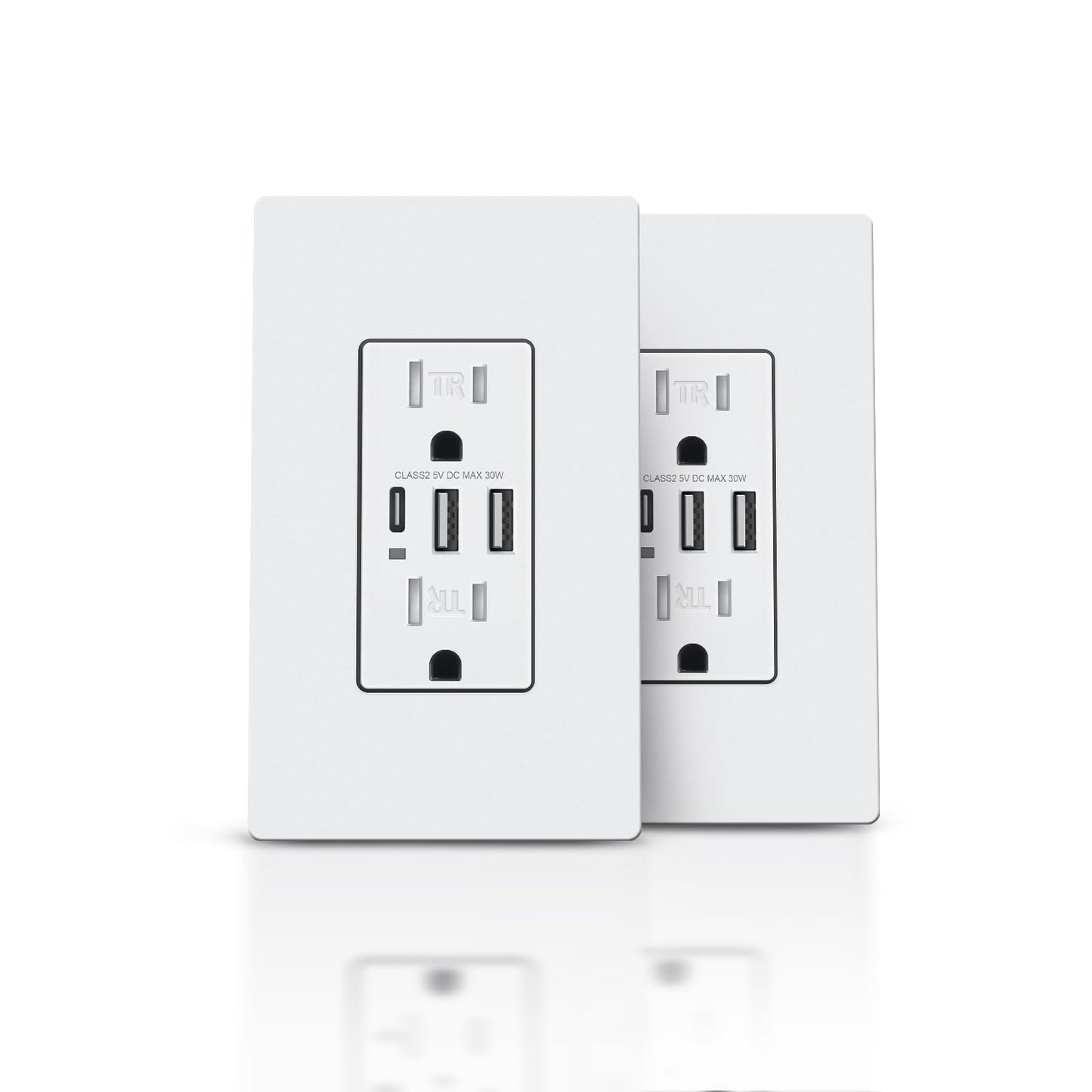 TOPELER - Receptáculo de toma USB, USB C de 3 puertos, carga USB de 30 W 6.0 A, resistente a manipulaciones, 15 amp, certificado UL, placa sin tornillos incluida, blanca, paquete de 2