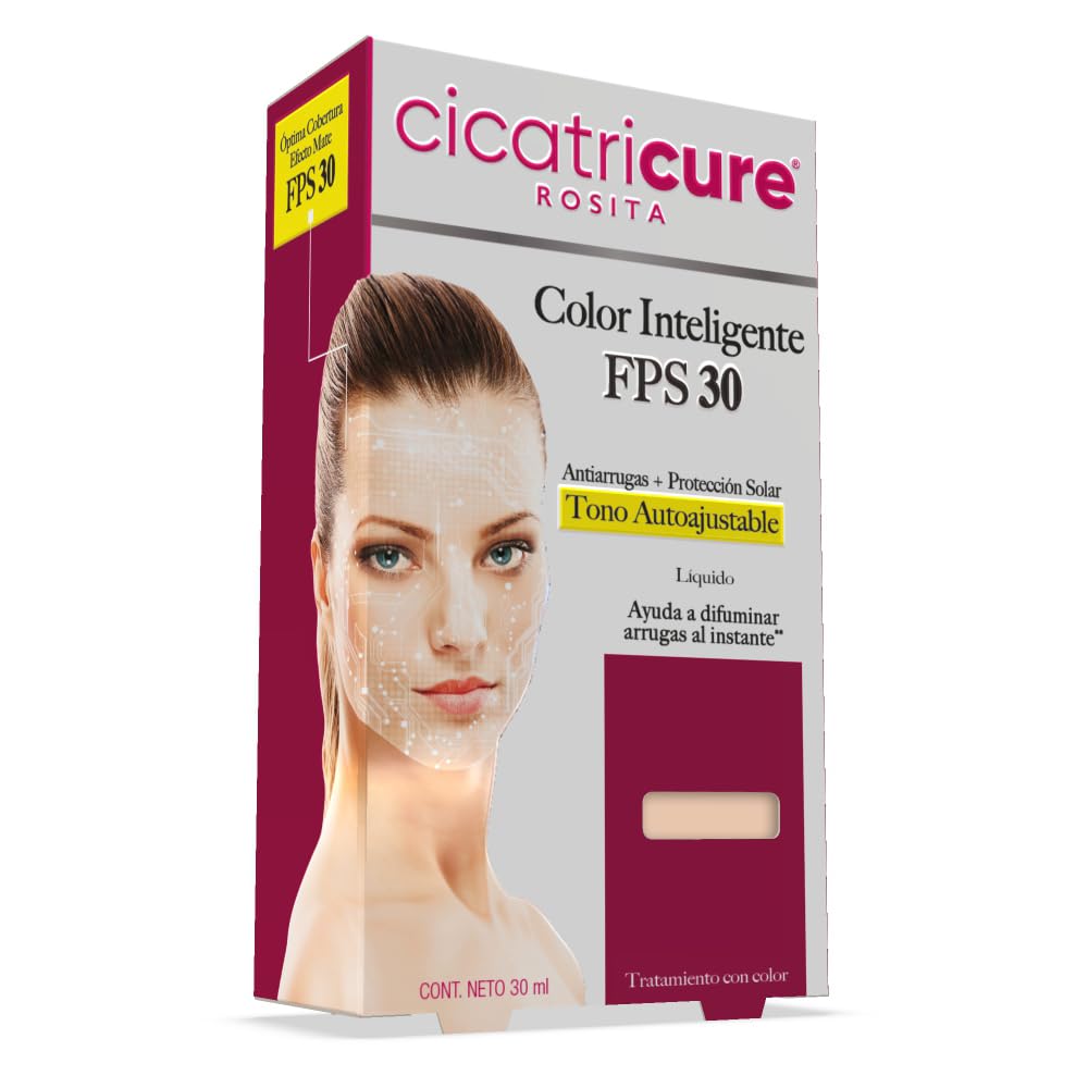 CICATRICURE - Maquillaje líquido color inteligente FPS 30. Efecto anti-arrugas y protección solar, tono auto-ajustable con pigmentos que se adaptan al color de la piel, presentación de 30ml