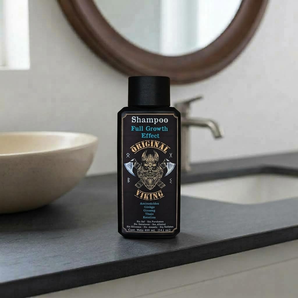 ORIGINAL VIKING | Shampoo Full Growth Effect. Shampoo Premium de Crecimiento con proteínas, extractos, sin formaldehídos, sin parabenos, sin alcohol, sin sal añadida, sin siliconas. 400ml