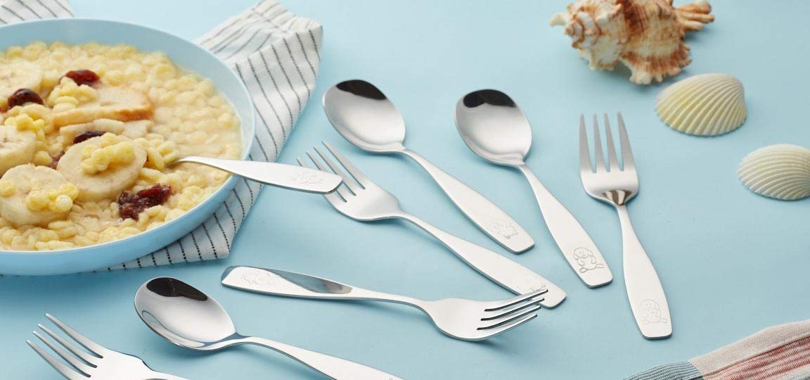 Exzact Stainless Steel 18 Pieces Childrens Flatware/Kids Silverware/Cutlery Set - 6 x Safe Forks, 6 x Safe Table Knives, 6 x Tablespoons - Safe Toddler Utensils (Engraved Dog Cat Bunny)
