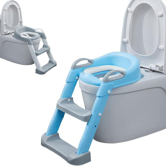 Jiula Asiento de Entrenamiento para Baño con Escalera Antideslizante - Asiento Entrenador para Baño Niño, Taburete Plegable Infantil para Taza, con Acolchonado, Asiento Ergonómico Azul, A, Cojín Duro