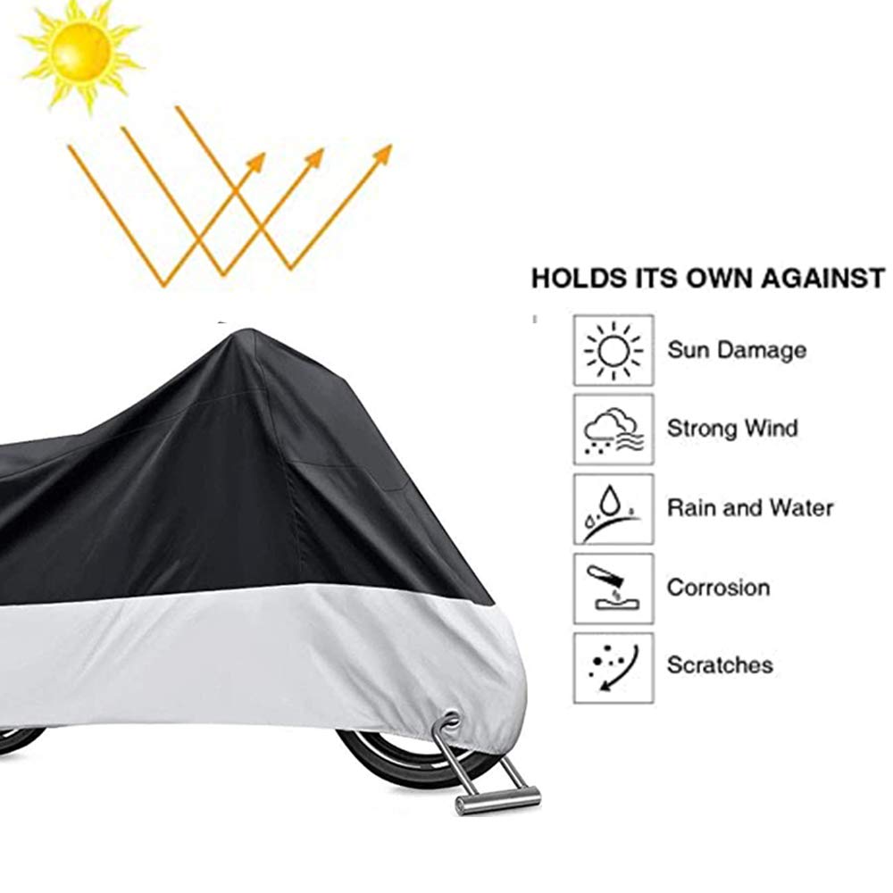 Funda para Motocicleta Impermeable Protector 190T - Polvo, Lluvia, escombros y Cubierta Resistente al Agua con protección UV para Motocicletas como Yamaha, Suzuki, Harley Honda(XXXL Negro y Plata)