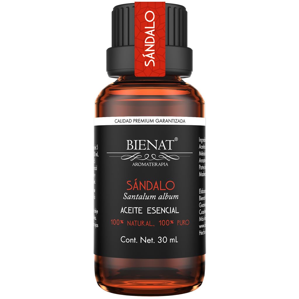 BIENAT AROMATERAPIA Aceite Esencial de Sándalo 30mL | 100% Puro y Concentrado | Ideal para Difusor de Aromas, Humidificador, Aromaterapia, Masajes, Meditación, Jabones y Velas | Esencia Natural en Gotas