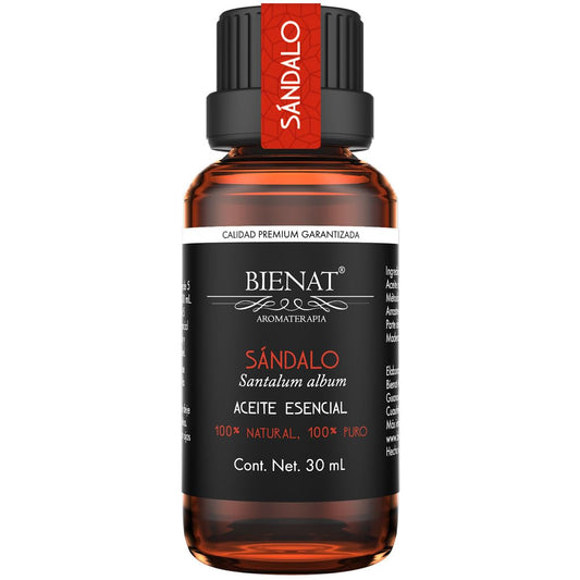 BIENAT AROMATERAPIA Aceite Esencial de Sándalo 30mL | 100% Puro y Concentrado | Ideal para Difusor de Aromas, Humidificador, Aromaterapia, Masajes, Meditación, Jabones y Velas | Esencia Natural en Gotas