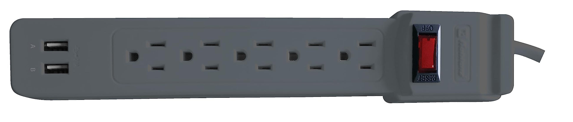 Koblenz Supresor de Picos Trifásico Multicontacto de 5 Contactos y 2 Entradas USB, 1000 Joules de Protección, para Hogar y Oficina, Switch on/Off Integrado, Cable de 45 cm, Color Gris (SS-1000 USB)
