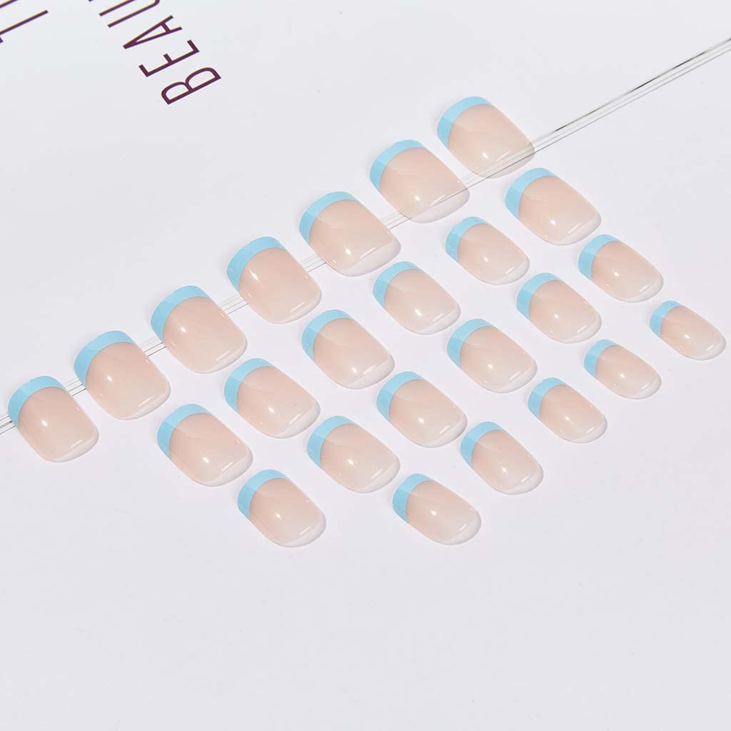 RikView Uñas a presión con punta francesa, uñas ovaladas, uñas postizas brillantes, uñas postizas con diseño de cubierta completa (azul)