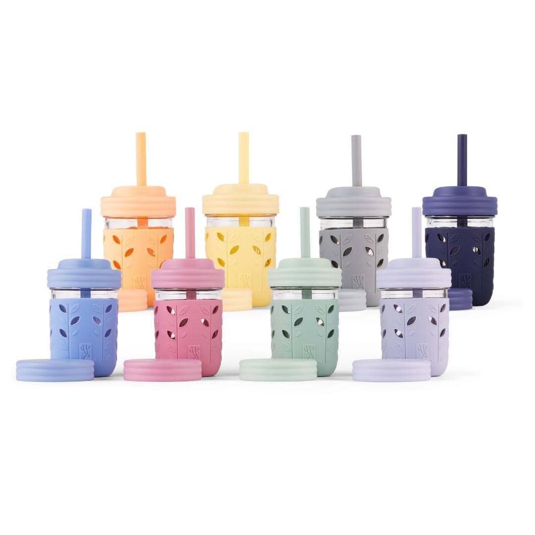 Elk and Friends Kids & Toddler Cups | The Original Glass Mason Jars 8 oz with Silicone Sleeves & Silicone Straws with Stoppers | Smoothie Cups | Spill Proof Sippy Cups for Toddlers (Plum/Lilac/Sage/Navy/Peach/Lemon/Grey/Misty Blue (8 Pack Sleeve))