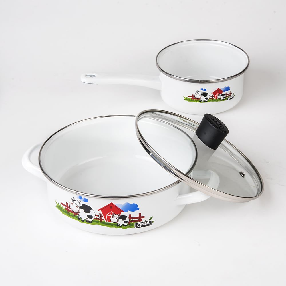 Cinsa Bateria de cocina Terranova Vaquitas en el corral, 9 piezas, Acero Vitrificado Novacero, Blanco con decorado de vacas
