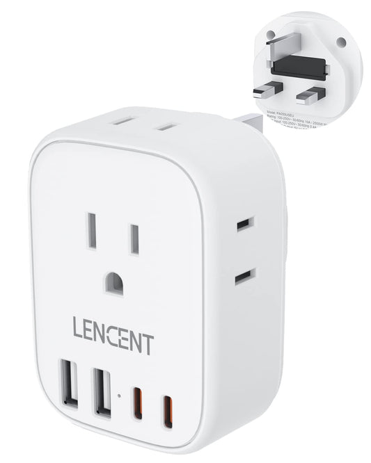 LENCENT Adaptador de Enchufe Inglés Tipo G con 4 Salidas CA, 2 USB-C y 2 USB-A - Cargador para Viaje de México a Reino Unido, Hong Kong, Irlanda, Dubái